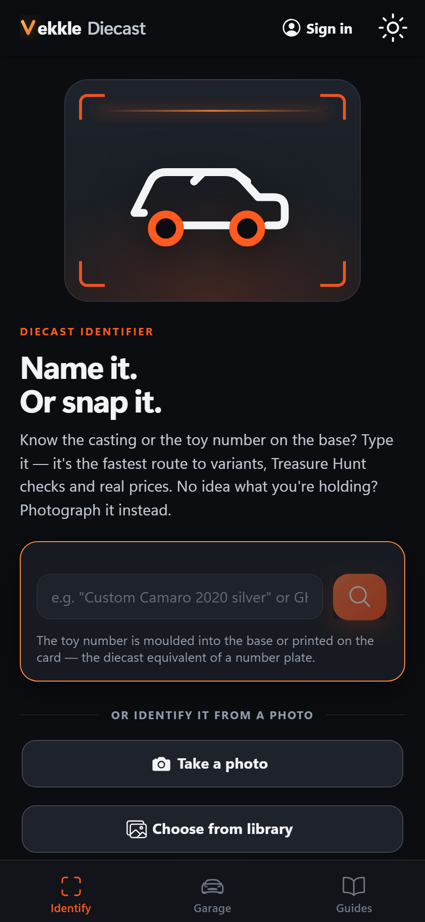 Vekkle Diecast identify screen